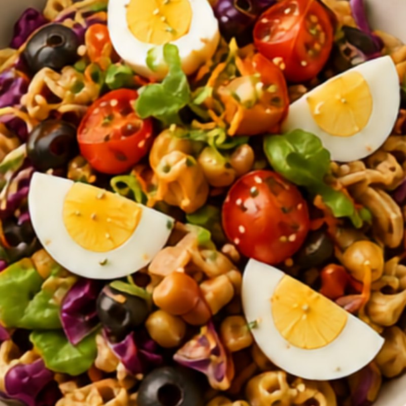 Salada de massa integral com ovo e azeitonas